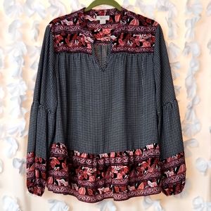 Style & Co, Large, Black, White, Checkered, Peasant Top, Coral, Leaves